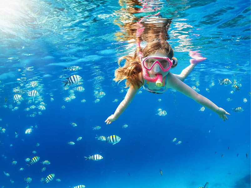 A little girl with mask and snorkel enjoys the underwater life of the tropical ocean wth colorful fishes in the Maldives