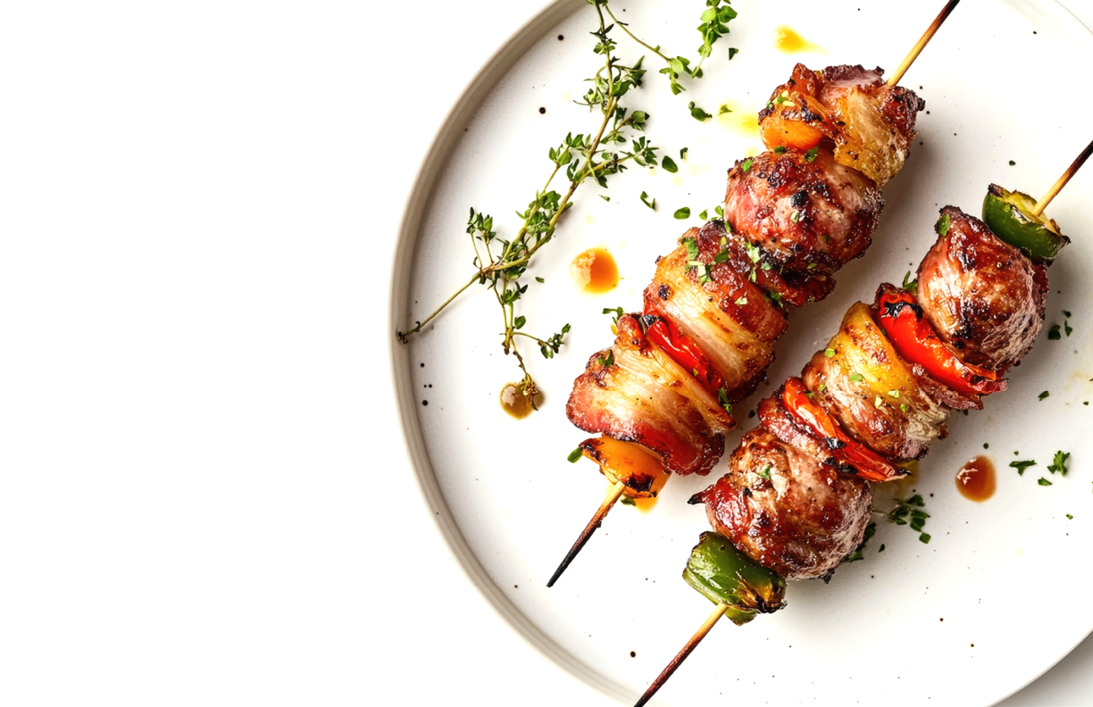 Grilled skewers with colorful bell peppers, onions, and bacon