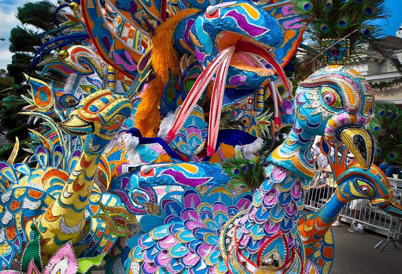 Bird float of colorful feathers in Junkanoo, festival in Nassau.
