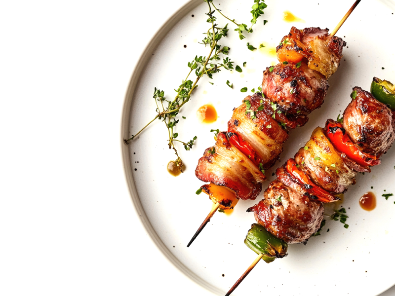Grilled skewers with colorful bell peppers, onions, and bacon