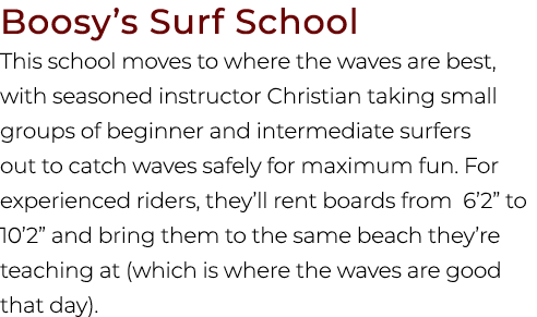Boosy’s Surf School This school moves to where the waves are best, with seasoned instructor Christian taking small gr...