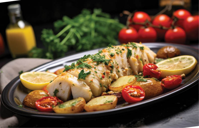 baked fish fillet served with vegetables, created with generative ai