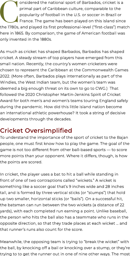 Considered the national sport of Barbados, cricket is a primal part of Caribbean culture, comparable to the popularit...