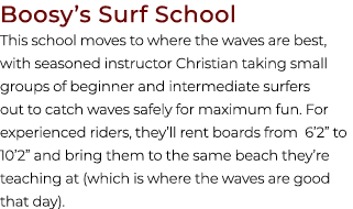 Boosy’s Surf School This school moves to where the waves are best, with seasoned instructor Christian taking small gr...