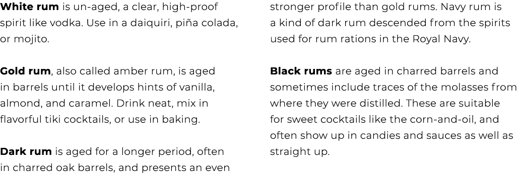 White rum is un aged, a clear, high proof spirit like vodka. Use in a daiquiri, pi a colada, or mojito. Gold rum, als...