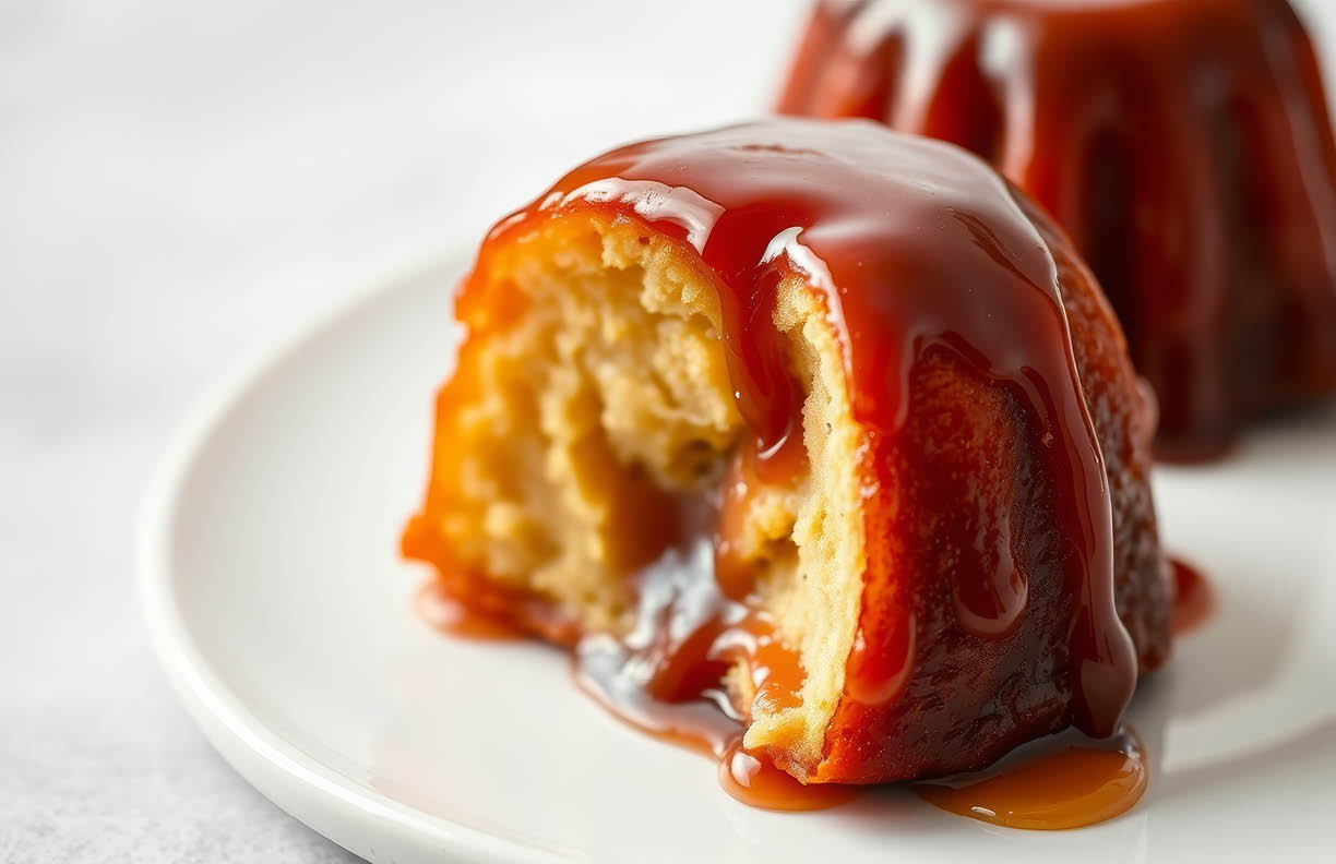 A close-up shot captures the indulgent charm of a rum baba. The cake, saturated with a glistening rum glaze, presents a moist and enticing texture. This sweet confectionery treat is a perfect indulgence.