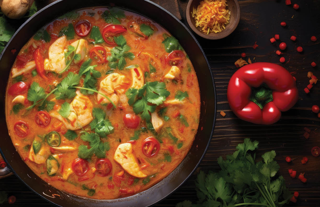 Coconut milk based fish stew with tomatoes red pepper coriander on dark wooden table