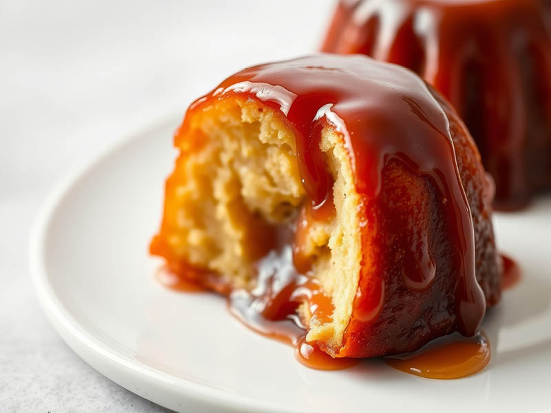 A close-up shot captures the indulgent charm of a rum baba. The cake, saturated with a glistening rum glaze, presents a moist and enticing texture. This sweet confectionery treat is a perfect indulgence.