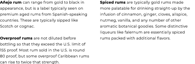A ejo rum can range from gold to black in appearance, but is a label typically seen on premium aged rums from Spanish...