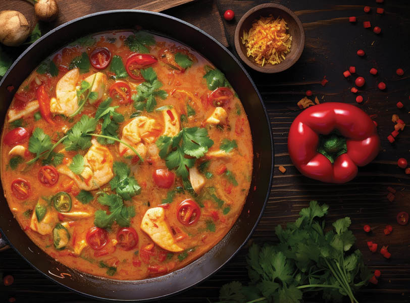 Coconut milk based fish stew with tomatoes red pepper coriander on dark wooden table