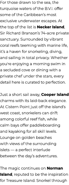 For those drawn to the sea, the turquoise waters of the B.V.I. offer some of the Caribbean’s most exclusive underwate...