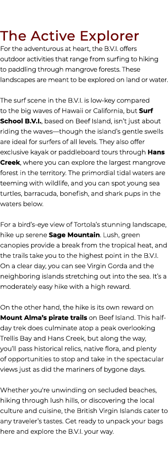 The Active Explorer For the adventurous at heart, the B.V.I. offers outdoor activities that range from surfing to hik...