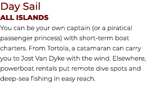 Day Sail ALL ISLANDS You can be your own captain (or a piratical passenger princess) with short term boat charters. F...