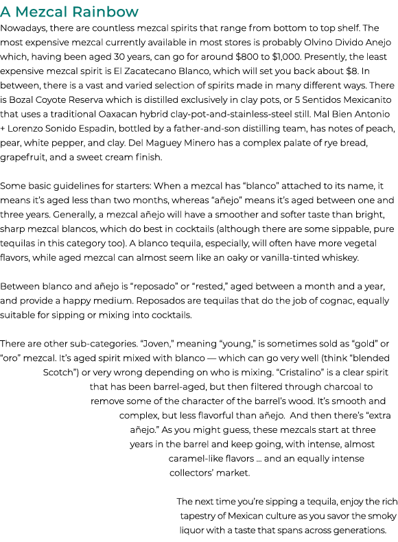 A Mezcal Rainbow Nowadays, there are countless mezcal spirits that range from bottom to top shelf. The most expensive...