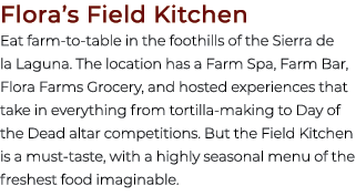 Flora’s Field Kitchen Eat farm to table in the foothills of the Sierra de la Laguna. The location has a Farm Spa, Far...