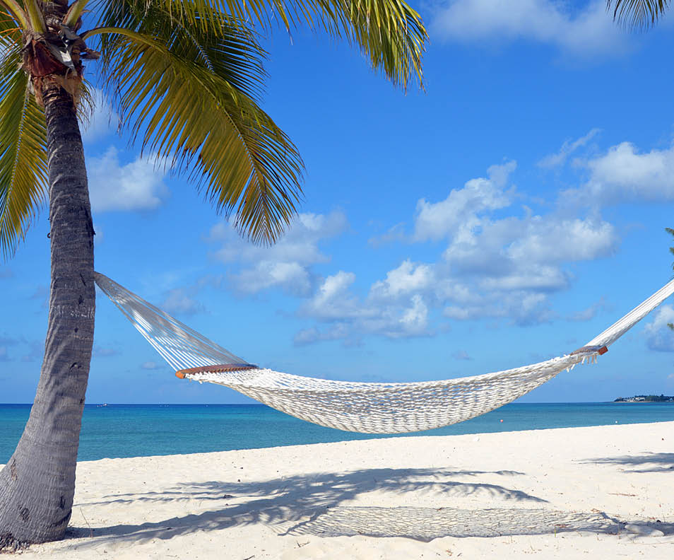 An empty hammock strung between two palm trees on Seven Mile Beach, Grand Cayman.