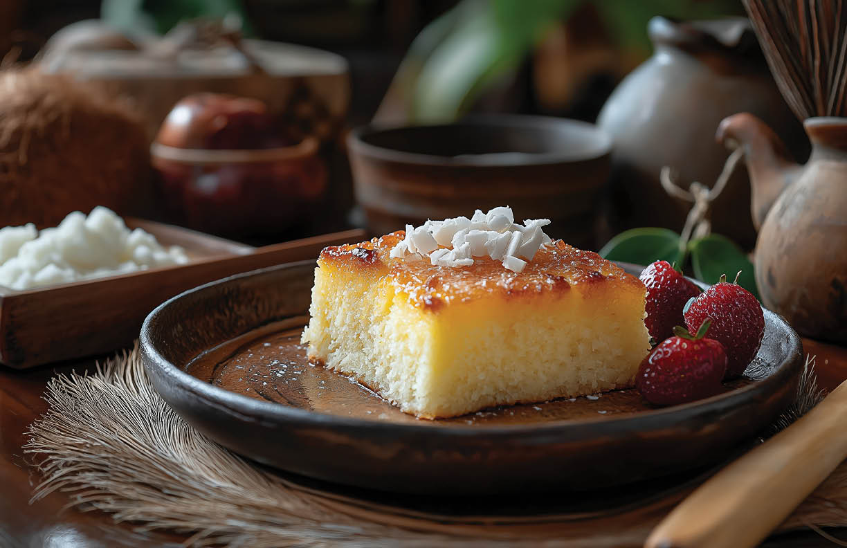 An inviting plate of Cassava Cake, the aroma of coconut and baked cassava filling the air, featuring a dense and chewy slice made with grated cassava, coconut milk, and vanilla, served with a side of fresh fruit, set against a backdrop of a cozy Fijian kitchen, captured in a lifelike sculpture, Sculpture, clay modeling --ar 3:2 --stylize 200 --v 6.1 Job ID: 732caf60-502a-440c-9a21-9af04d027647