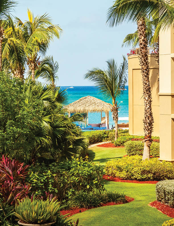 View of the turquioise Caribbean Sea from a luxury resort in the Cayman Islands