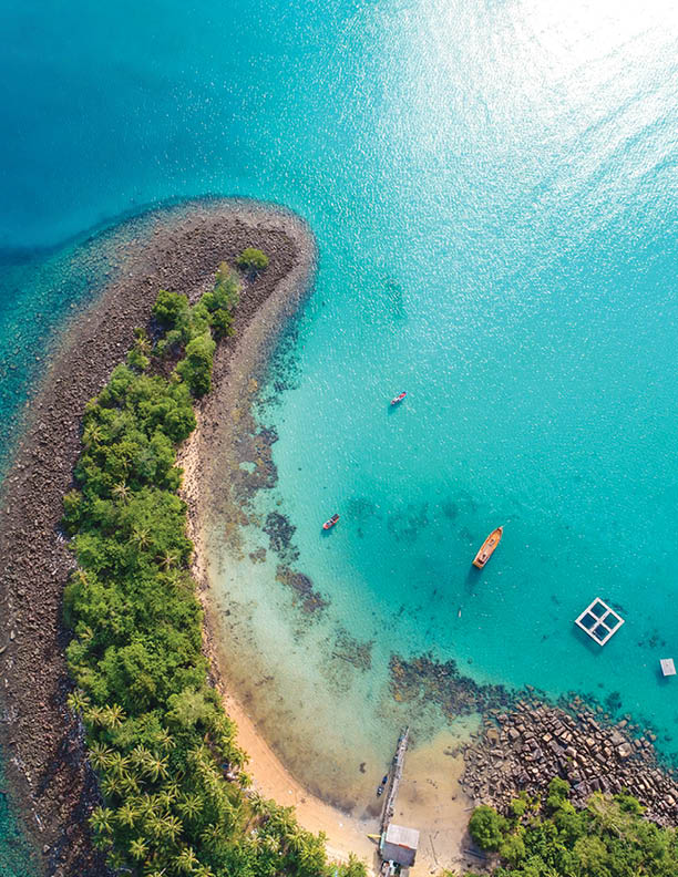 Amazing island with sand beach green tree forest aerial view blue sea water