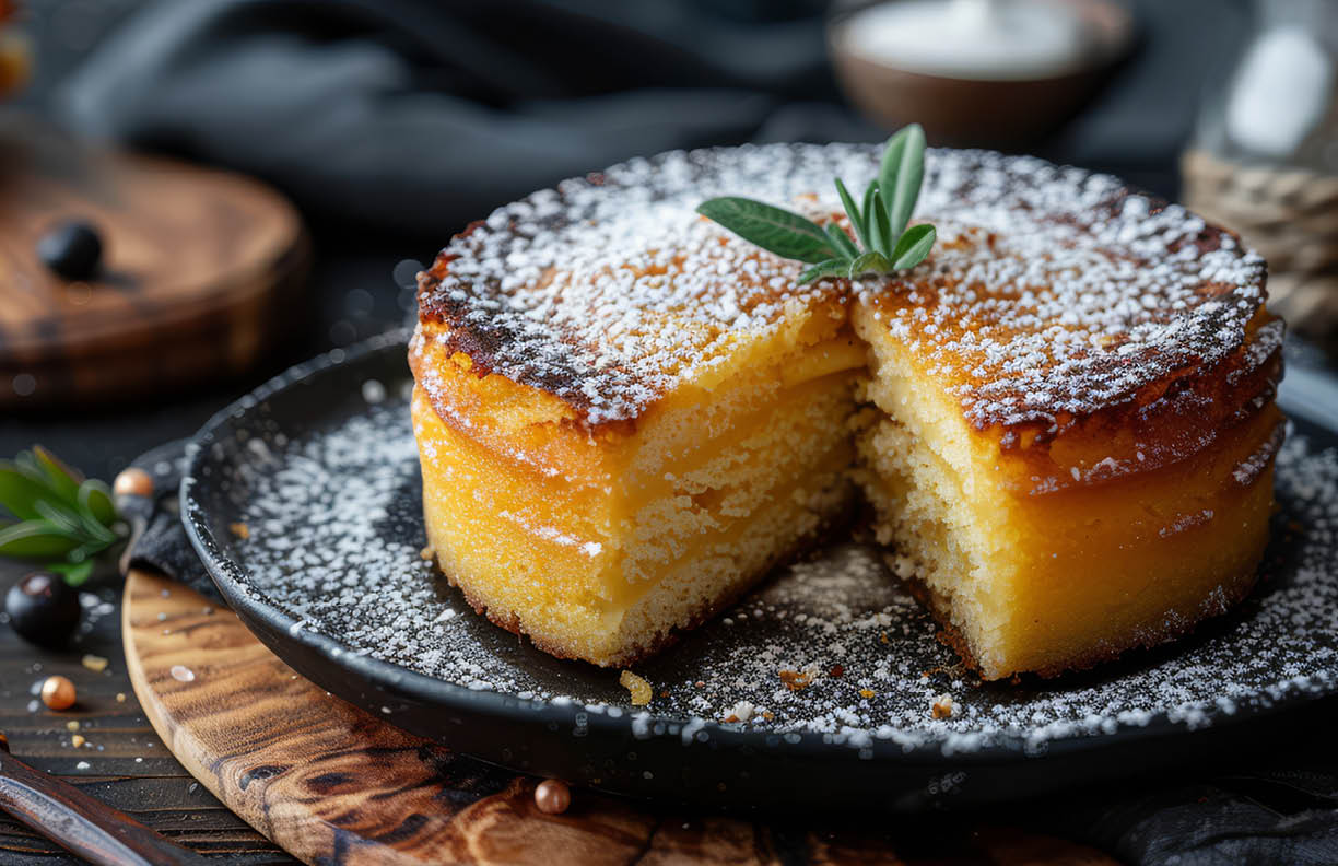 Cassava Cake in 3 Michelin star restaurant food photography texture. Cassava Cake Images banner postcard horizontal.