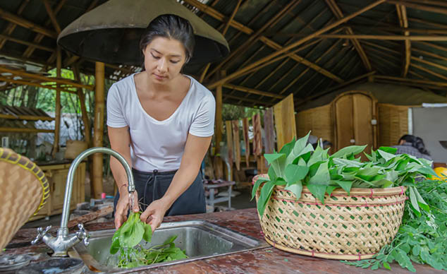 Front view shot of a Malaysian woman washing freshly picked vegetables in an outdoor sink of a green bamboo building.