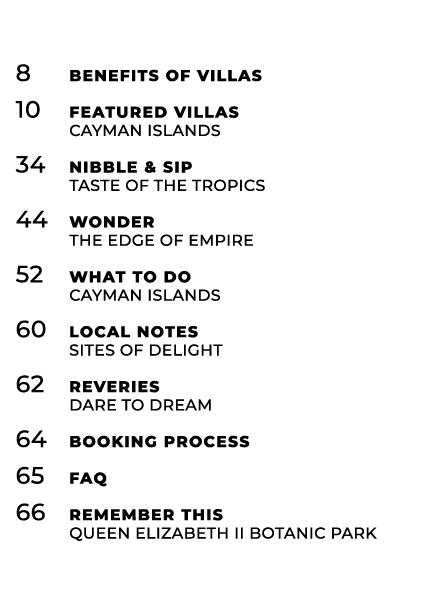 8 Benefits of Villas 10 Featured Villas cayman islands 34 Nibble & Sip taste of the tropics 44 Wonder the edge of emp...