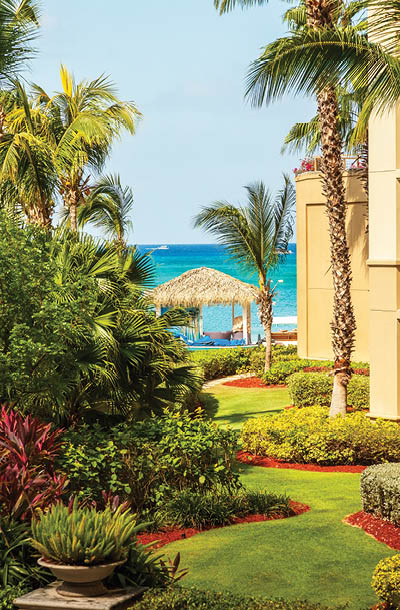 View of the turquioise Caribbean Sea from a luxury resort in the Cayman Islands