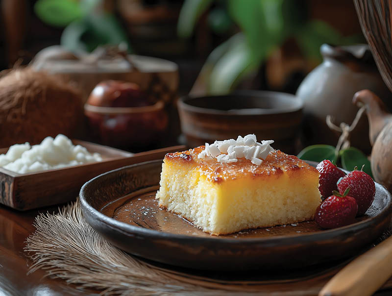 An inviting plate of Cassava Cake, the aroma of coconut and baked cassava filling the air, featuring a dense and chewy slice made with grated cassava, coconut milk, and vanilla, served with a side of fresh fruit, set against a backdrop of a cozy Fijian kitchen, captured in a lifelike sculpture, Sculpture, clay modeling --ar 3:2 --stylize 200 --v 6.1 Job ID: 732caf60-502a-440c-9a21-9af04d027647