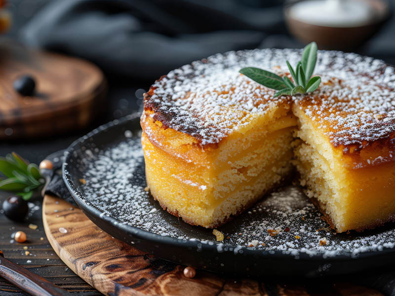 Cassava Cake in 3 Michelin star restaurant food photography texture. Cassava Cake Images banner postcard horizontal.