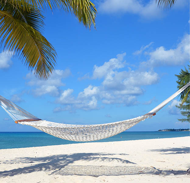 An empty hammock strung between two palm trees on Seven Mile Beach, Grand Cayman.