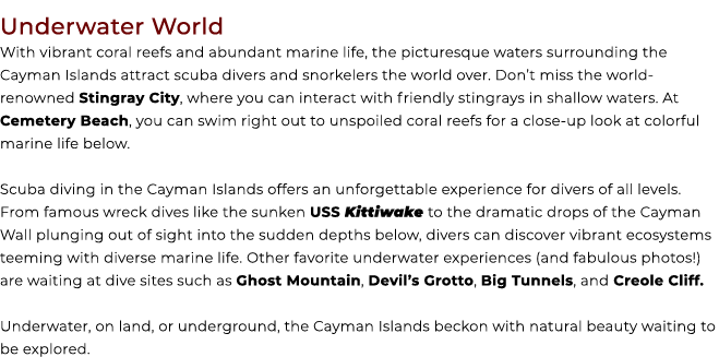 Underwater World With vibrant coral reefs and abundant marine life, the picturesque waters surrounding the Cayman Isl...