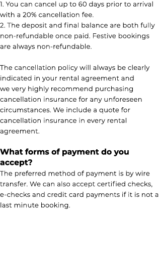 1. You can cancel up to 60 days prior to arrival with a 20% cancellation fee. 2. The deposit and final balance are bo...