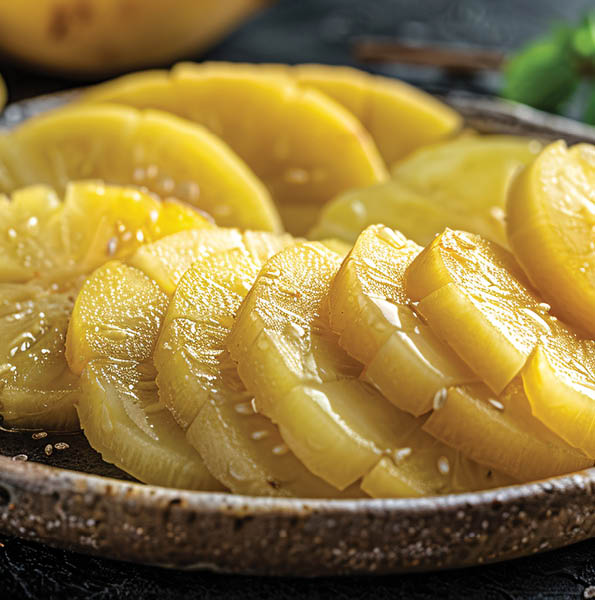 Chunks of cooked breadfruit arranged on a dish set against a dark backdrop.