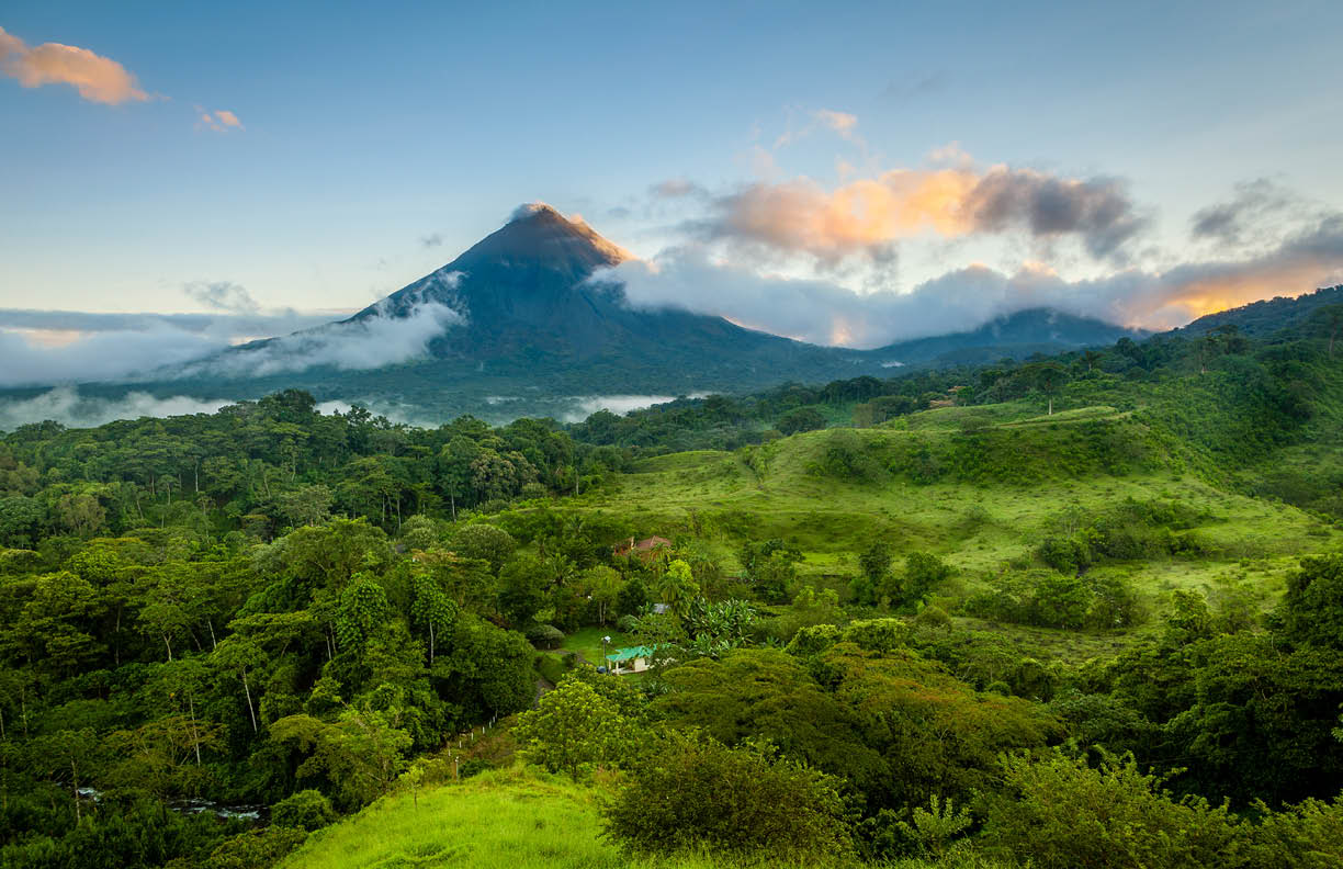 Scenic view of Arenal Volcano in central Costa Rica at sunrise