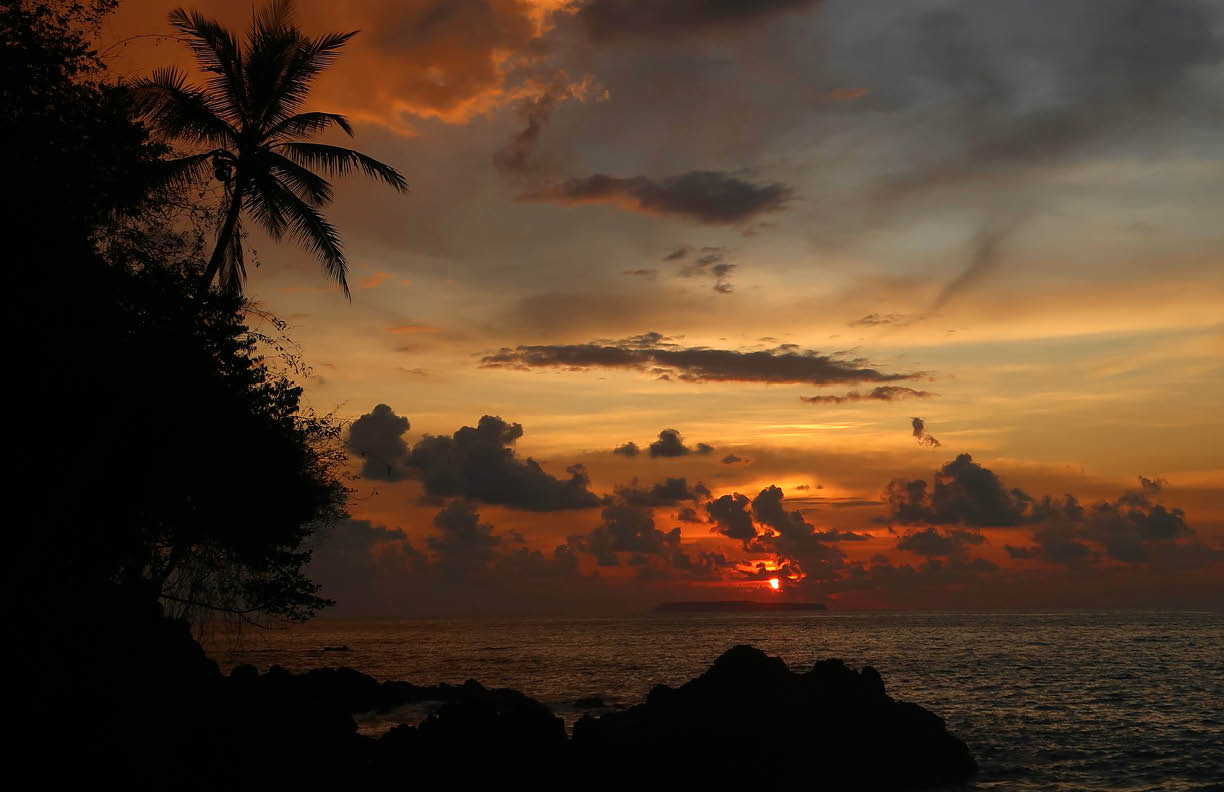 Sunset at Corcovado National Park with lush tropical rainforest in the Osa Peninsula, Pacific ocean, Costa Rica, Latin America