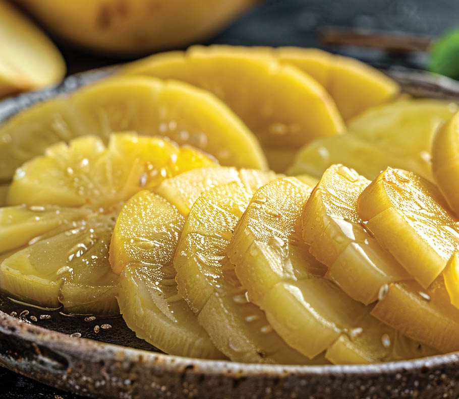 Chunks of cooked breadfruit arranged on a dish set against a dark backdrop.