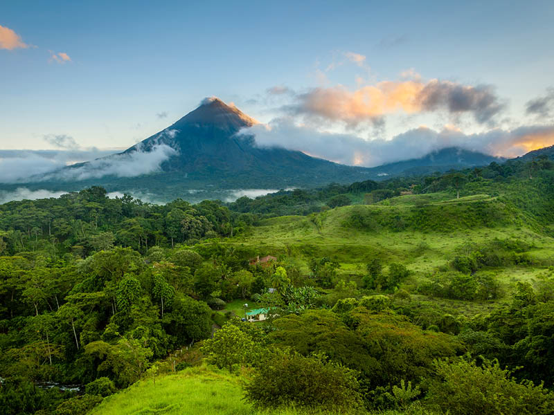 Scenic view of Arenal Volcano in central Costa Rica at sunrise