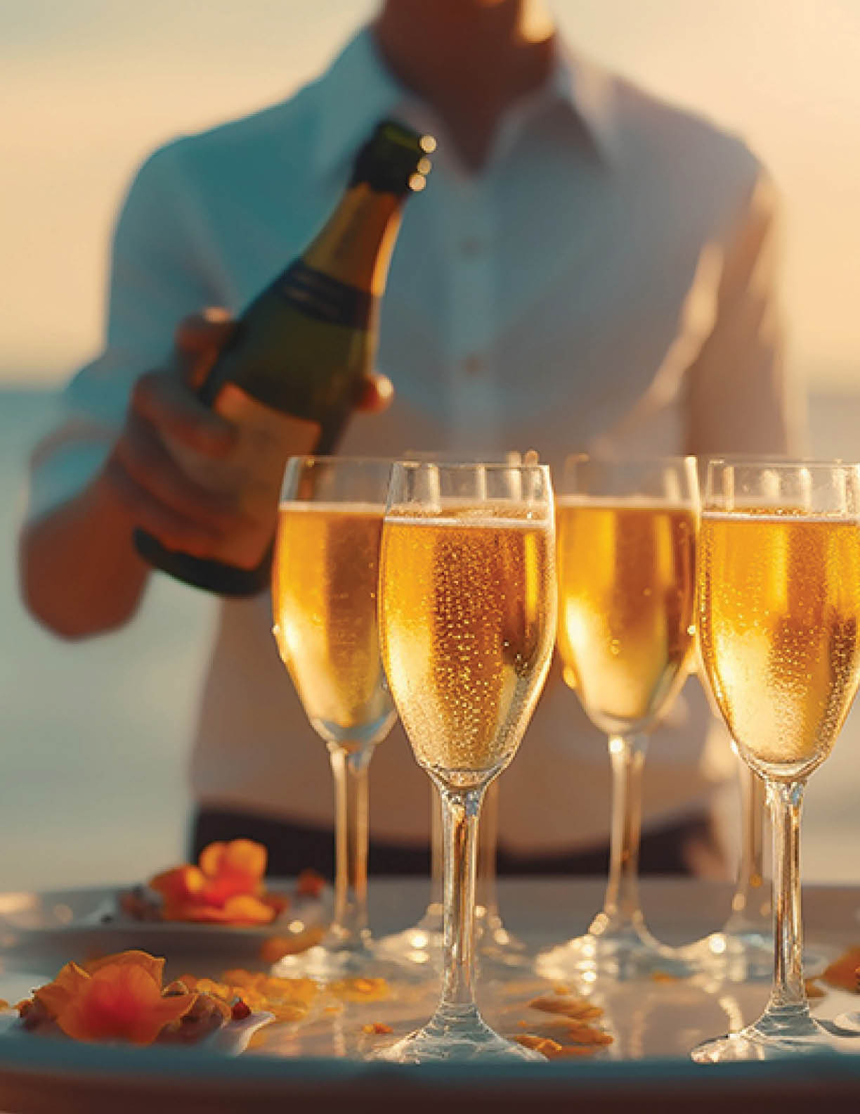 waiter beach summer cocktail glasses on a tray sun sparkling. 