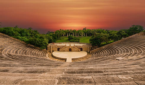 Amphitheatre in Altos de Chavon Casa de Campo in La Romana at sunset colors.