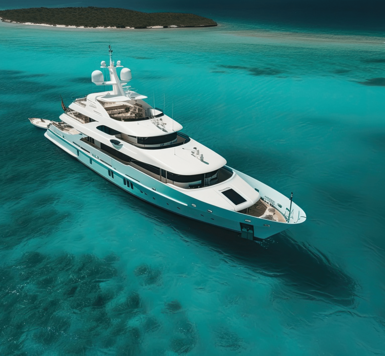 Aerial drone view of a luxury yacht on the sea in the Caribbean, high quality generative ai