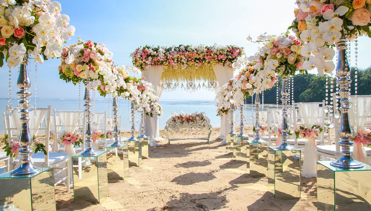 Wedding set up on beach. Beautiful tropical outdoor wedding party on beach
