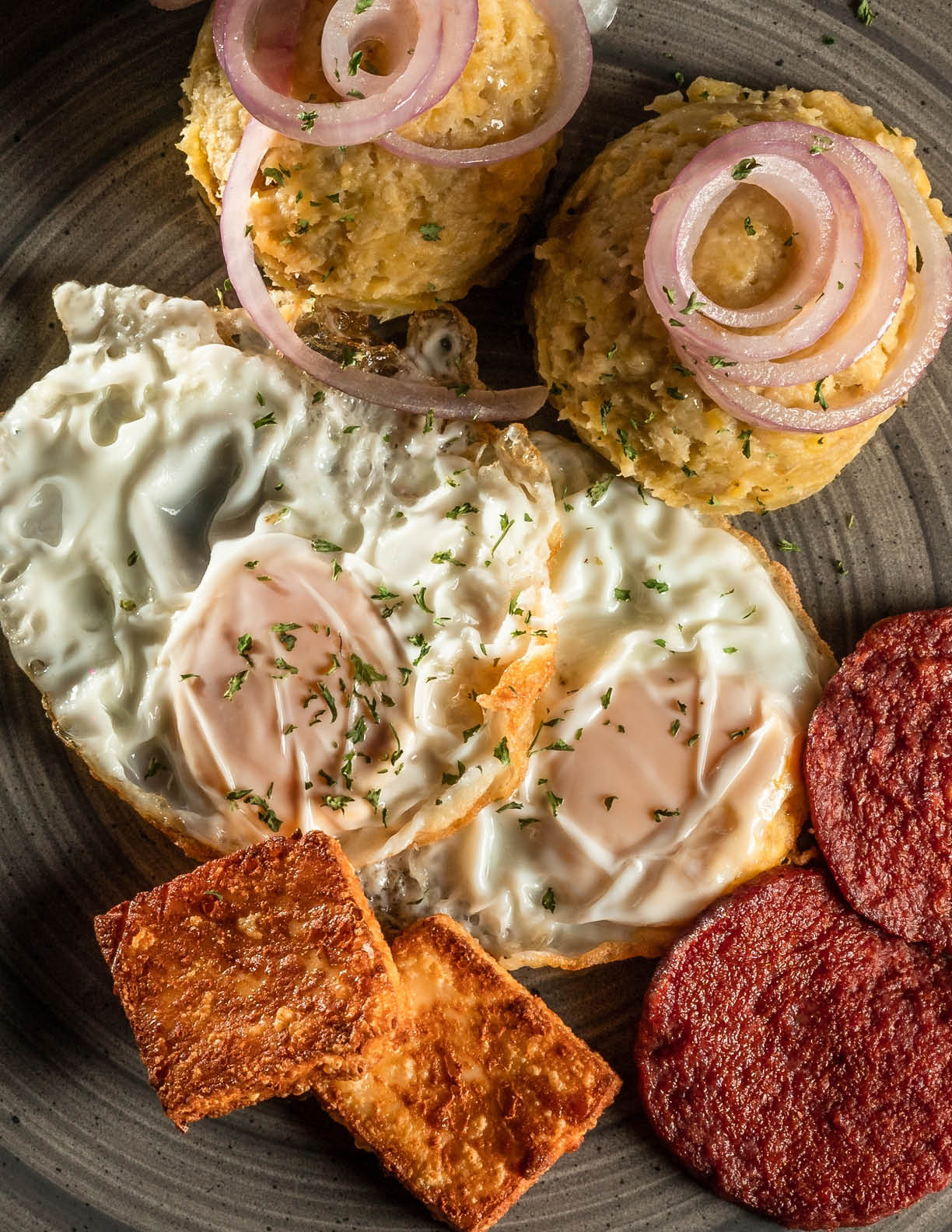 top view dominican breakfast Mangu
