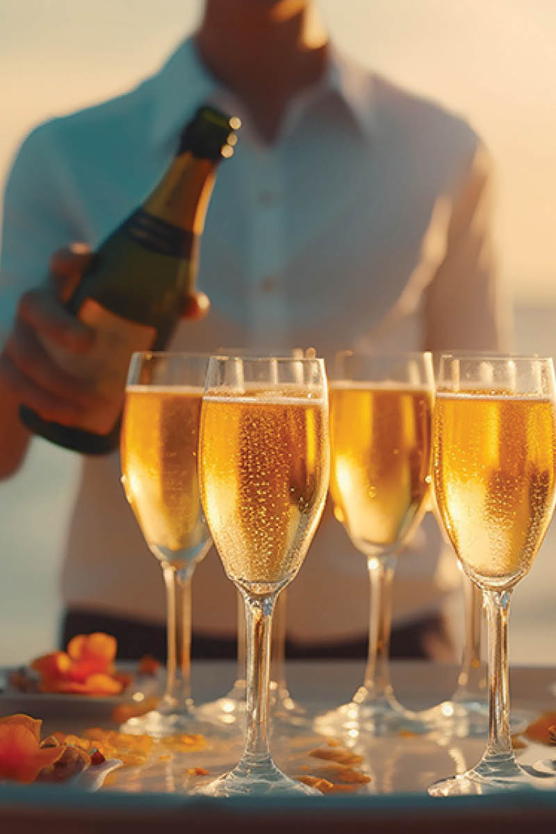 waiter beach summer cocktail glasses on a tray sun sparkling. 