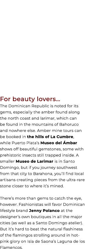 For beauty lovers… The Dominican Republic is noted for its gems, especially the amber found along the north coast and...