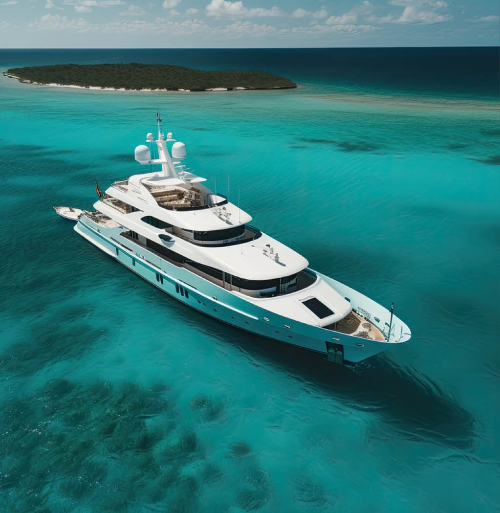 Aerial drone view of a luxury yacht on the sea in the Caribbean, high quality generative ai