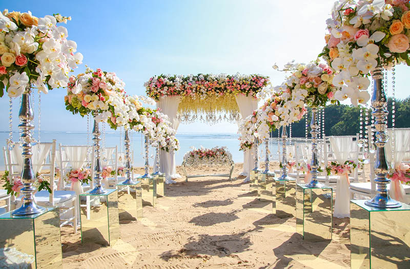 Wedding set up on beach. Beautiful tropical outdoor wedding party on beach