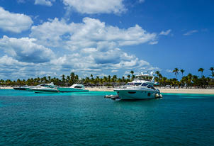 CATALINA ISLAND, DOMINICAN REPUBLIC - JUNE 13, 2021: Luxury yachts at Catalina Island or Isla Catalina. It is a tropical island located 1.5 miles from the mainland of the Dominican Republic