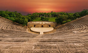 Amphitheatre in Altos de Chavon Casa de Campo in La Romana at sunset colors.