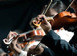 Symphony orchestra violinists performing on stage against dark background.