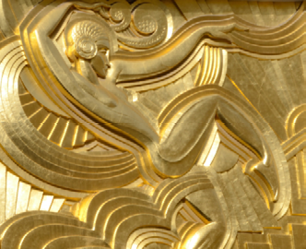 Paris, France - March 16, 2023: Ballerina golden relief on facade of Music Hall Cabaret Folies Bergere, In Par’s, France.